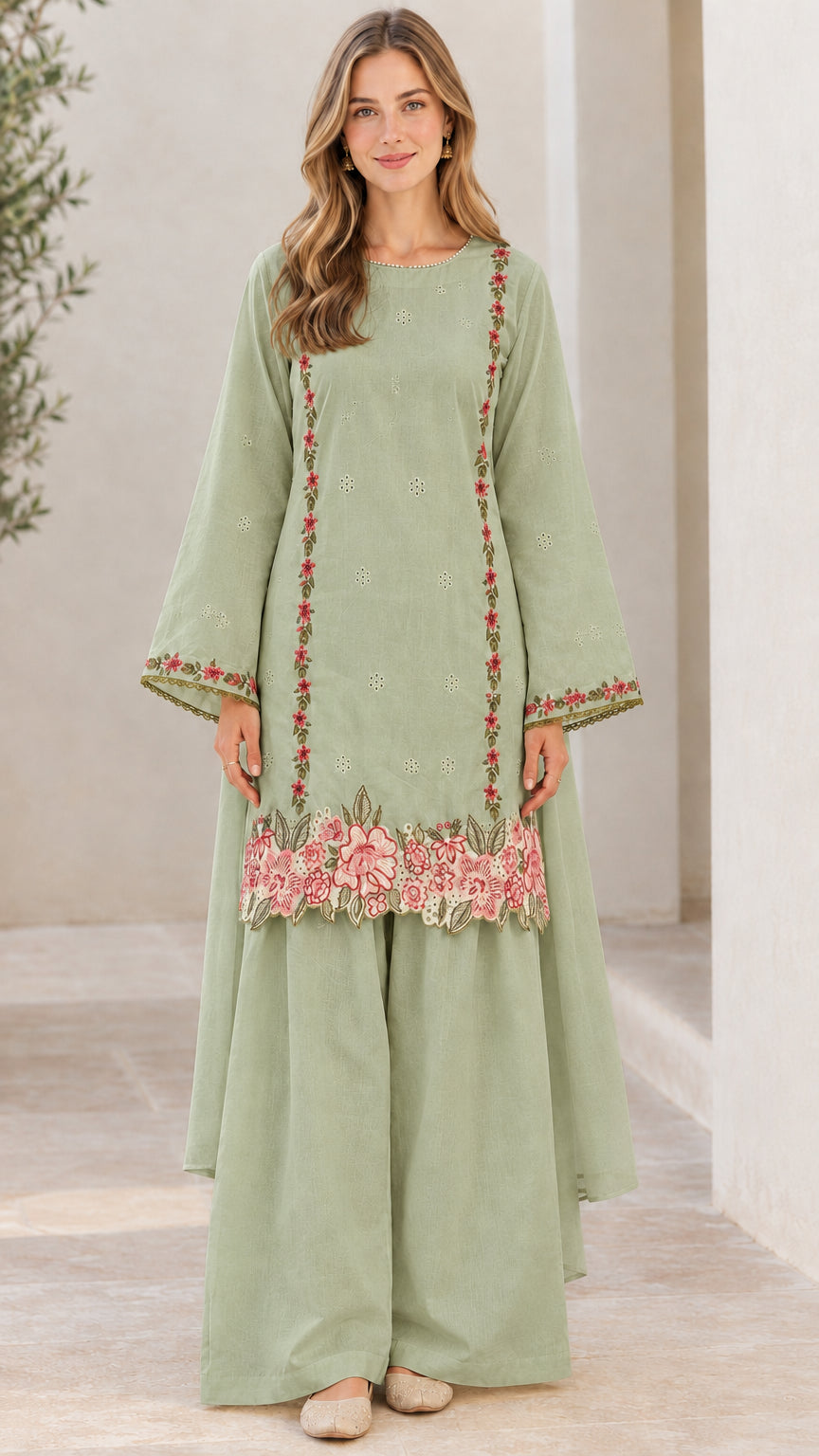 Front view of woman wearing sage green floral embroidered tunic and wide-leg pants set