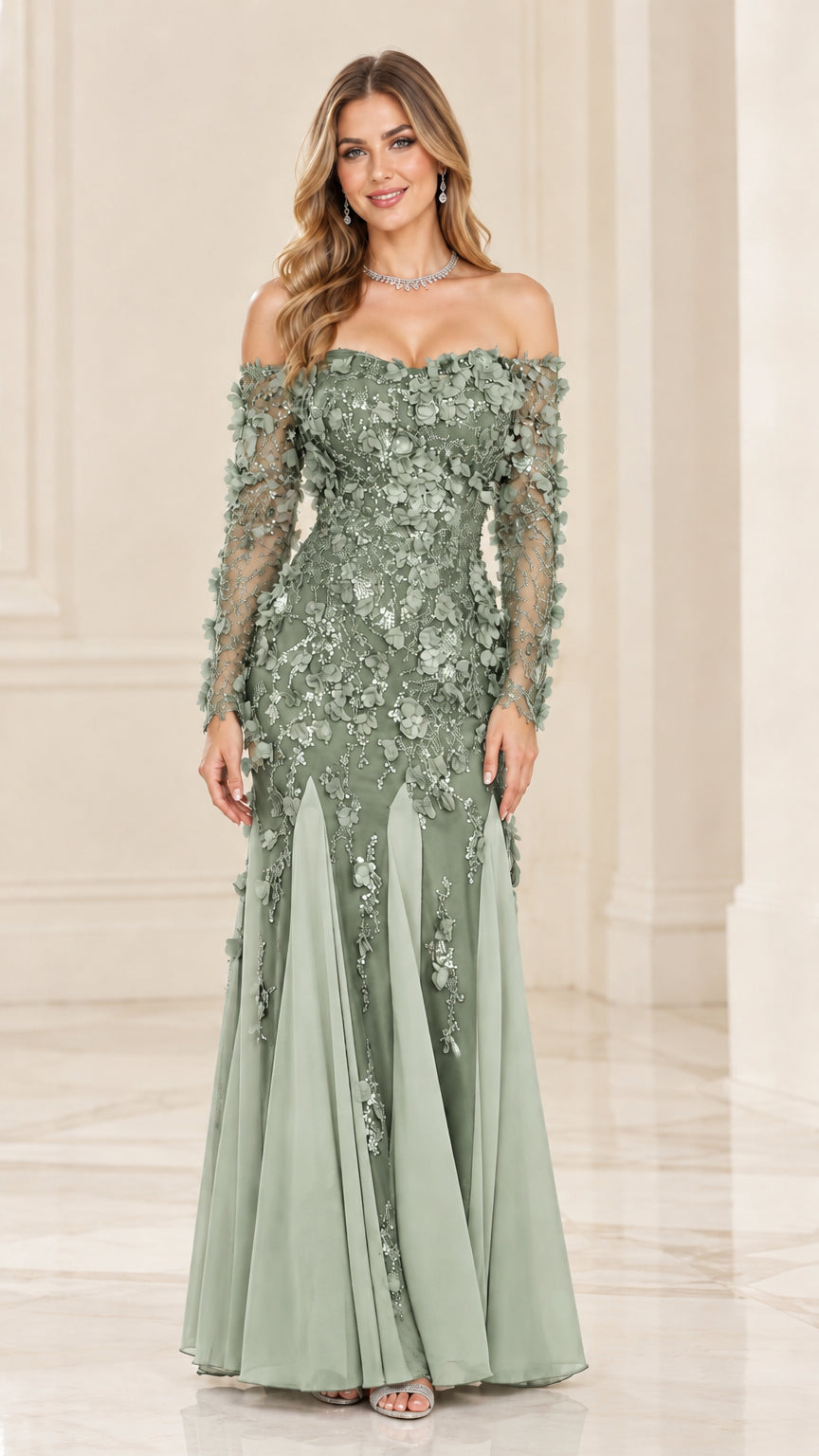 Front view of sage green off-the-shoulder 3D floral long sleeve evening gown