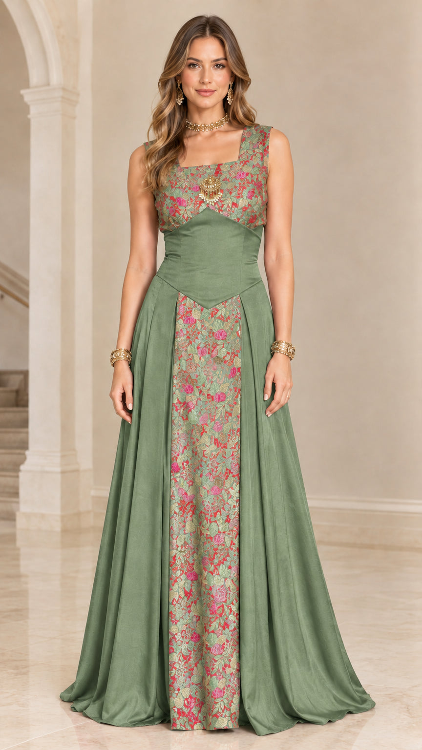 Model wearing sage green floral jacquard A-line formal gown
