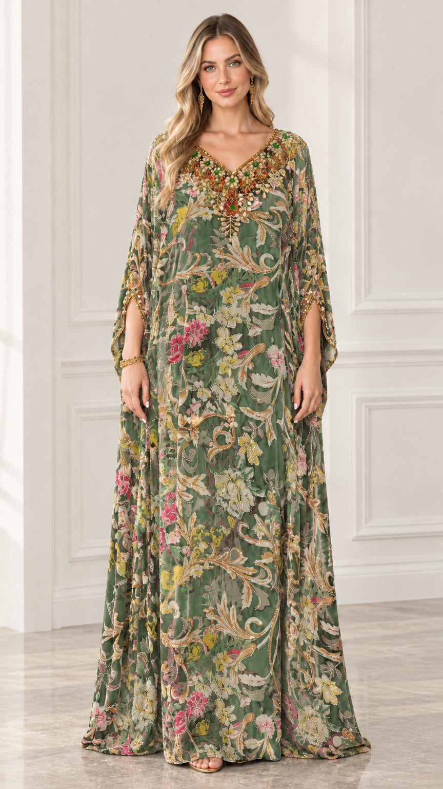 Sage green floral velvet embellished kaftan maxi dress