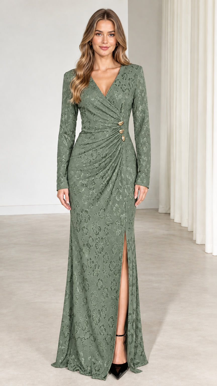 Sage green long sleeve floral jacquard formal gown with front slit and button accent