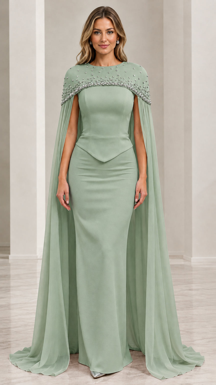 Model wearing sage green embellished cape formal mermaid maxi dress