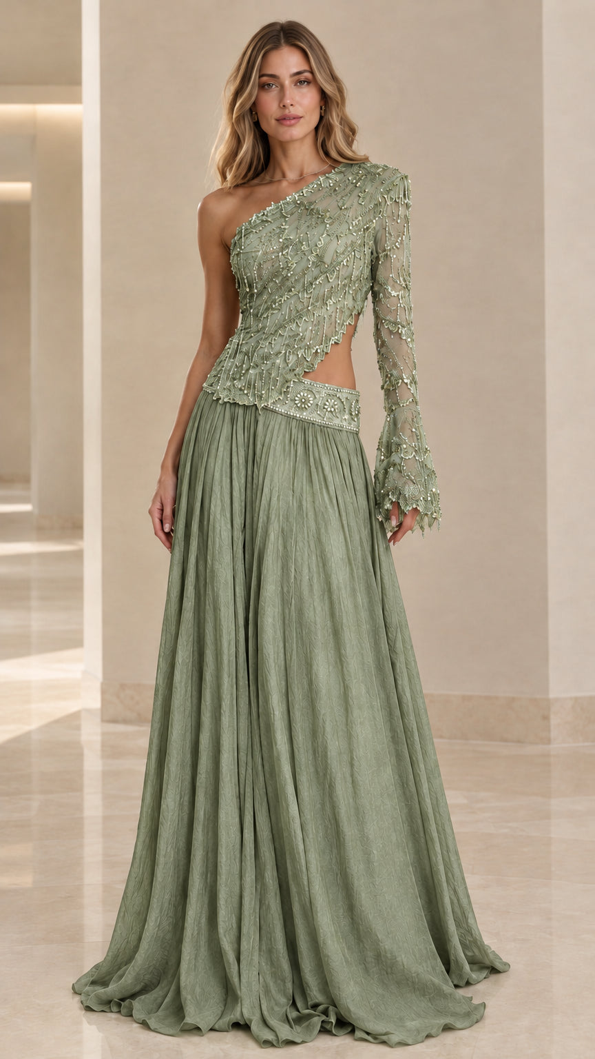 Sage Green one-shoulder embellished cutout formal gown