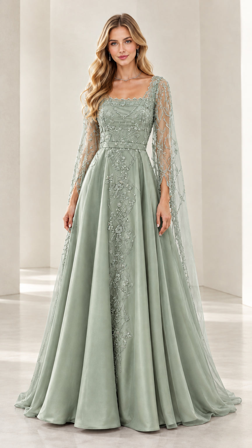 Woman wearing sage green embroidered beaded formal evening gown with cape sleeves