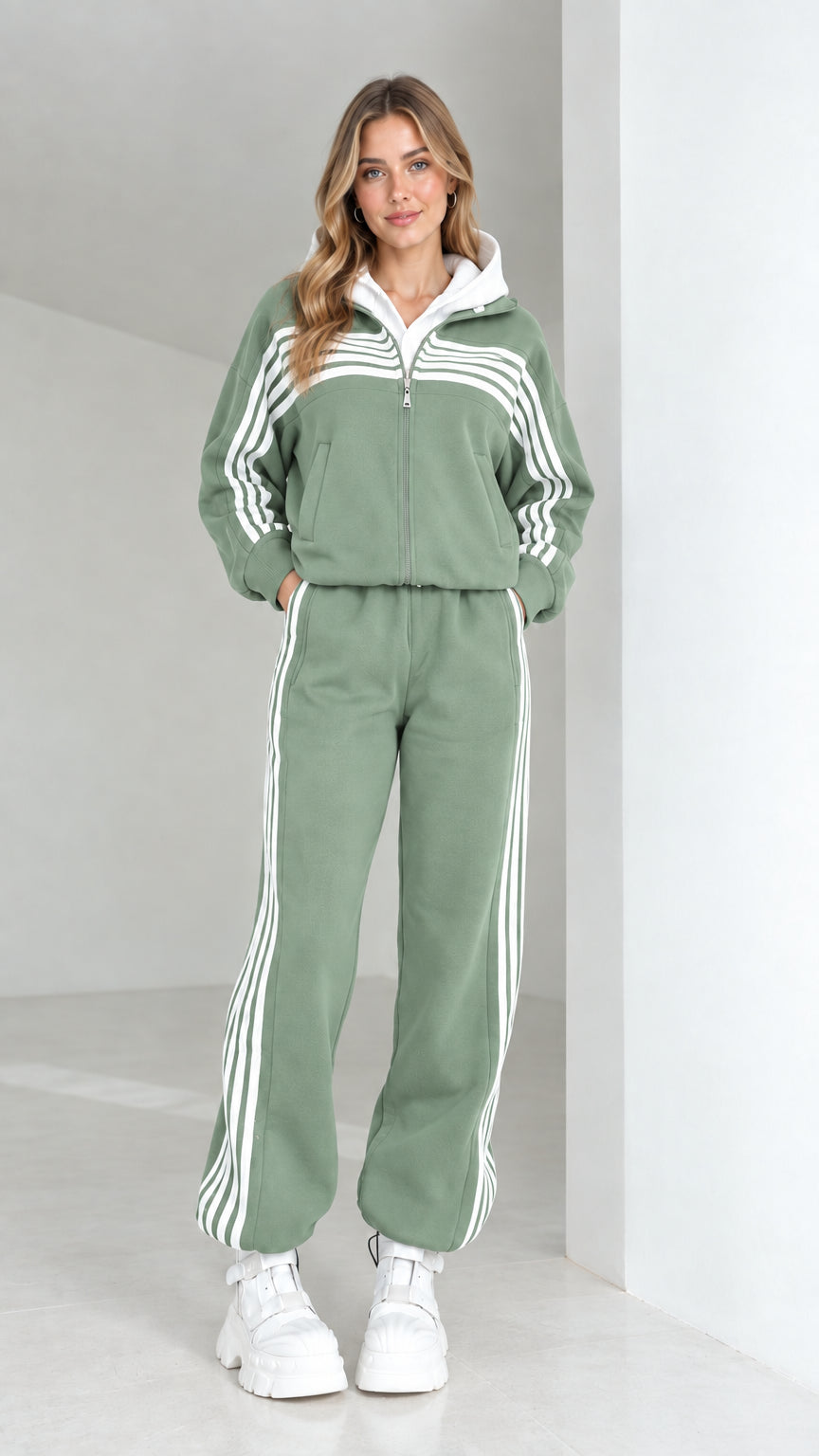 Woman wearing sage green striped 2-piece hooded tracksuit set