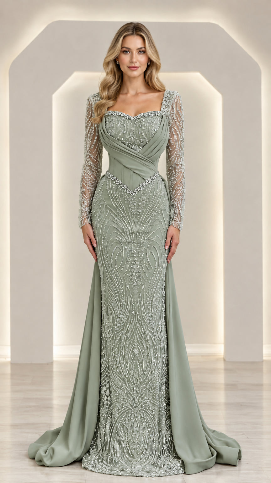 Sage green crystal embellished evening gown with sheer long sleeves and side overskirt