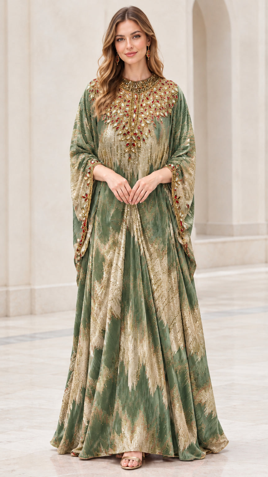 Model wearing Sage Green velvet maxi kaftan with jeweled neckline