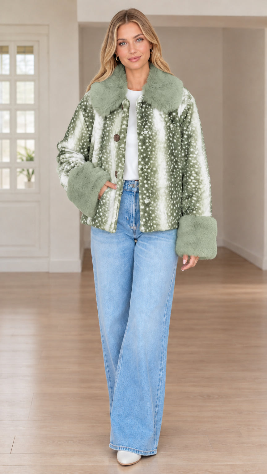 Model wearing sage green deer print faux fur jacket with matching green plush trim