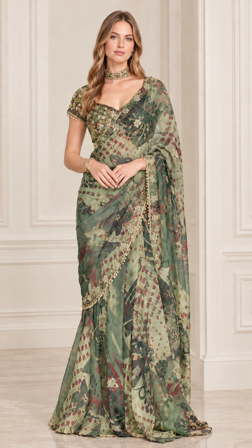 Full-length view of model wearing Sage Green floral printed saree set