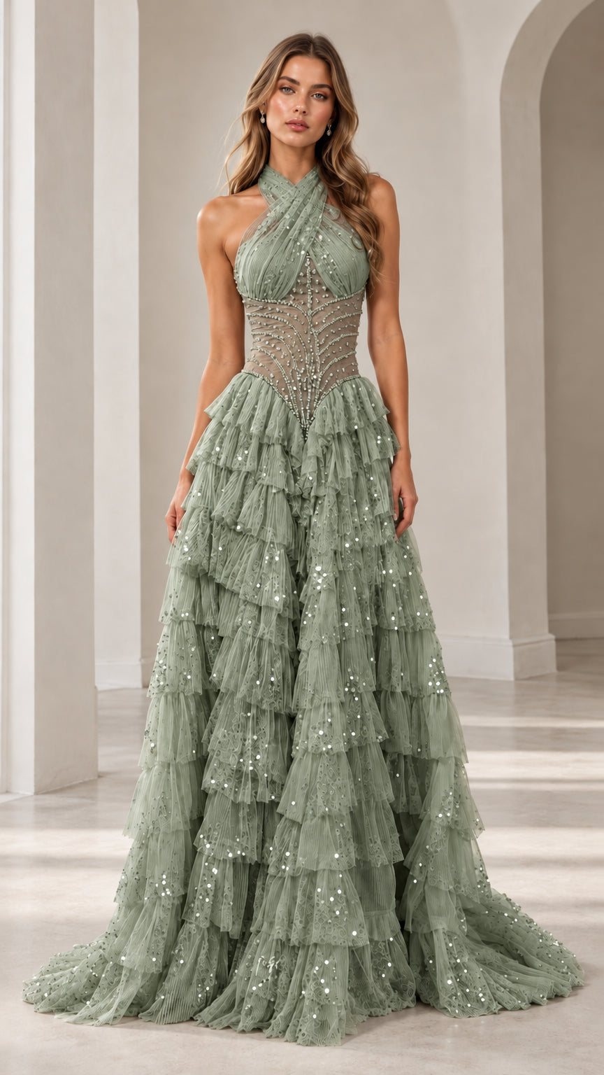 Model wearing Sage Green halter-neck beaded illusion ruffle evening gown