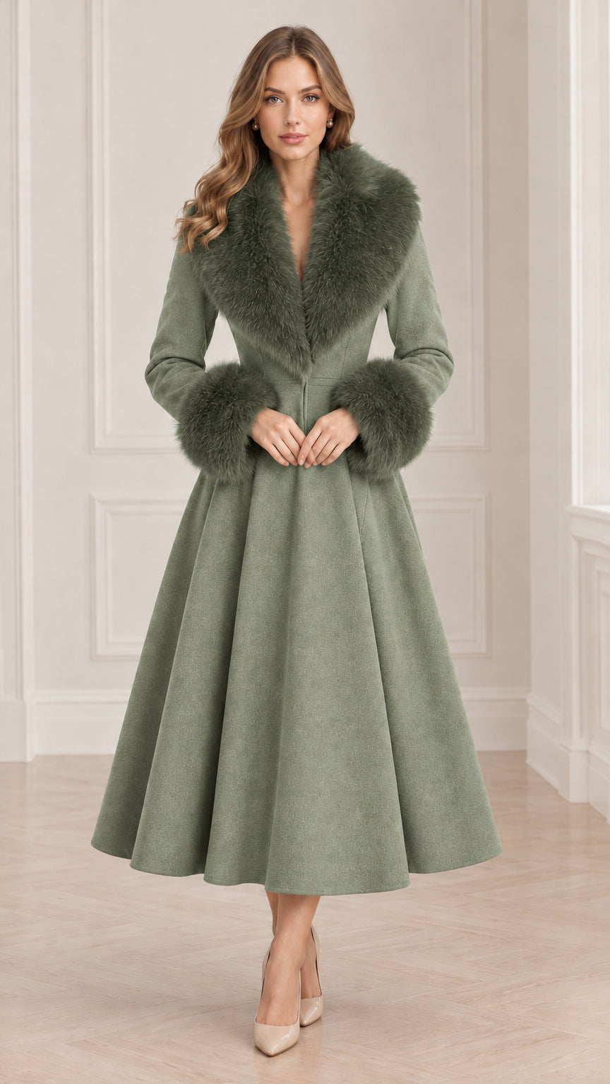 Model wearing Sage Green elegant A-line midi coat with plush green faux fur accents