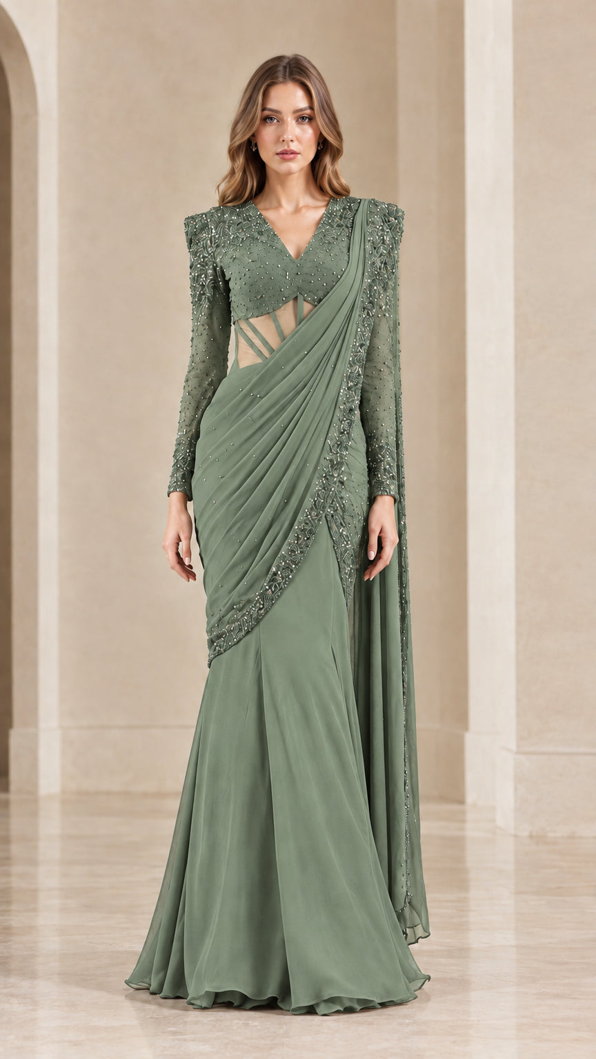 Model wearing sage green embellished floor-length saree evening gown
