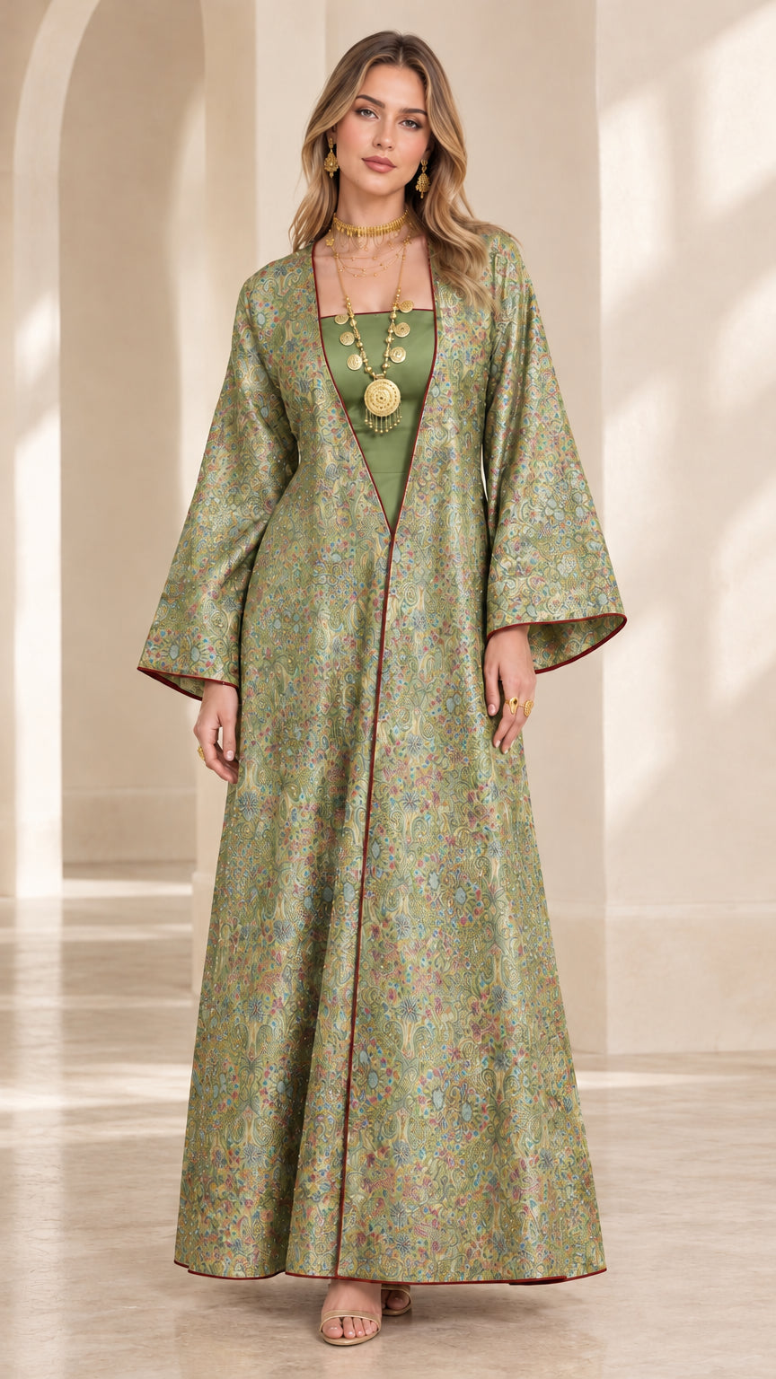 Model wearing sage green floral jacquard modest maxi robe dress