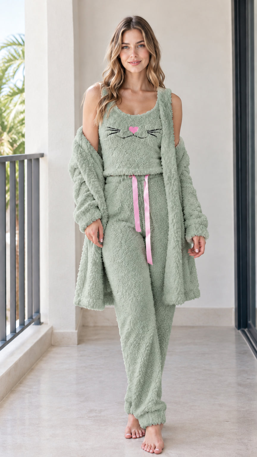 Full front view of sage green 3-piece fluffy fleece cat embroidery pajama set