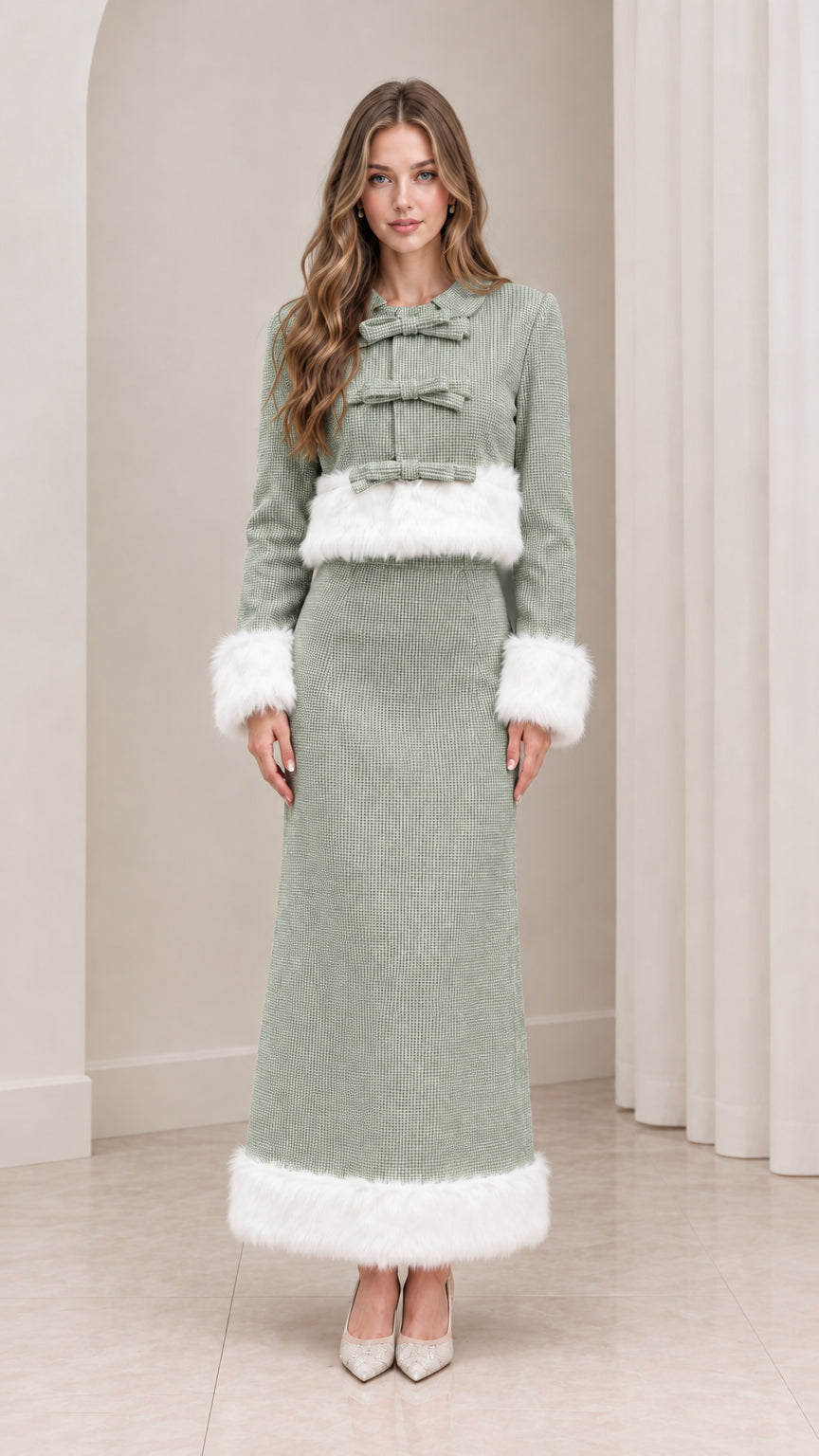 Sage green textured cropped jacket and maxi skirt set with white faux fur trim