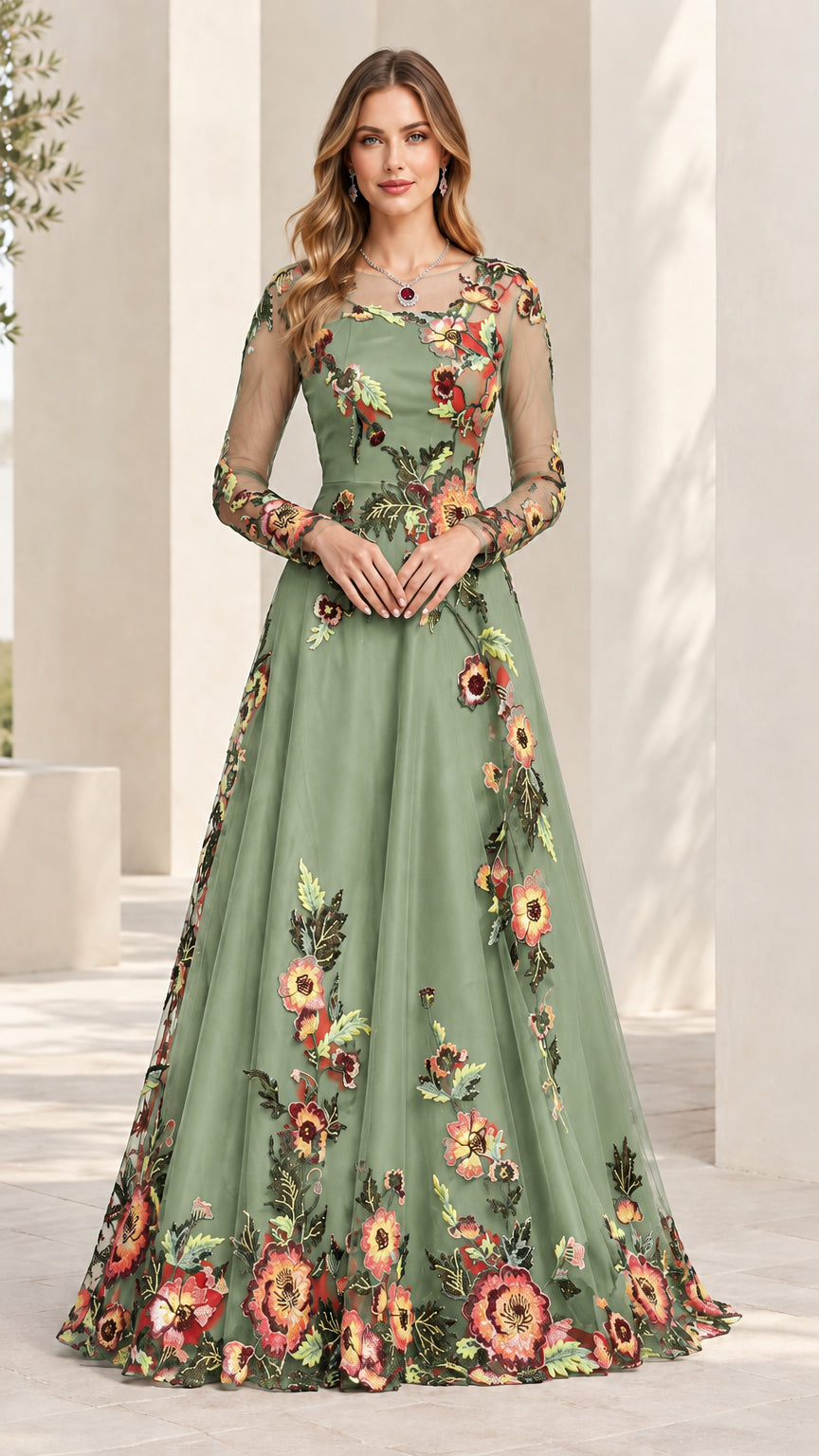 Sage green floral embroidered long sleeve A-line evening gown