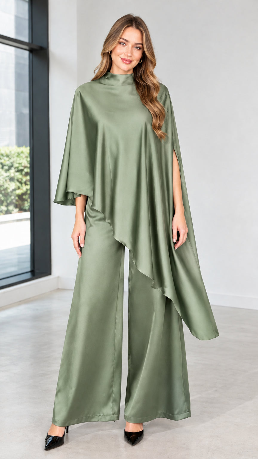 Model wearing sage green satin asymmetrical drape cape blouse and tailored wide-leg pants