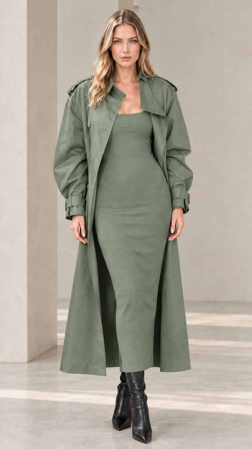 Full front view of women's sage green maxi trench coat with tonal dress and black boots