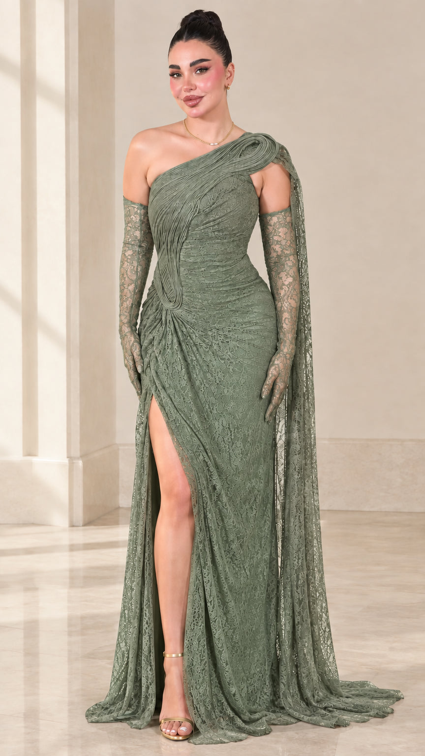 Sage green one-shoulder ruched lace evening dress with side slit and cape drape