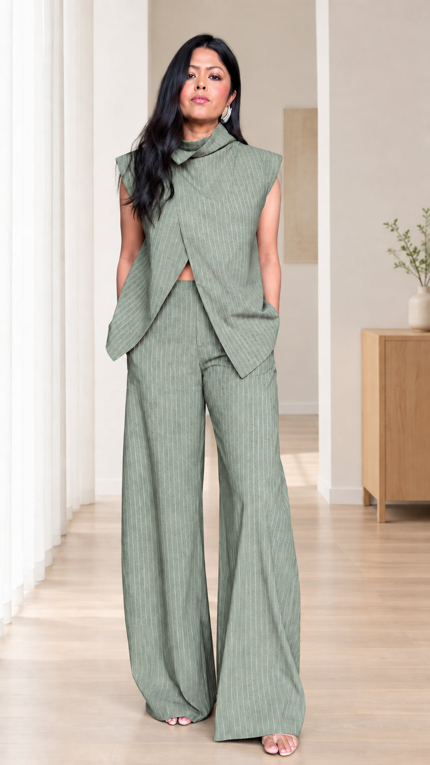 Sage green pinstripe two-piece sleeveless suit set