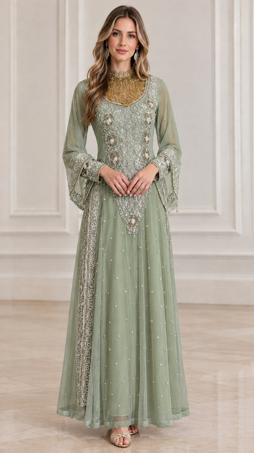 Front view of sage green beaded high neck long sleeve evening gown