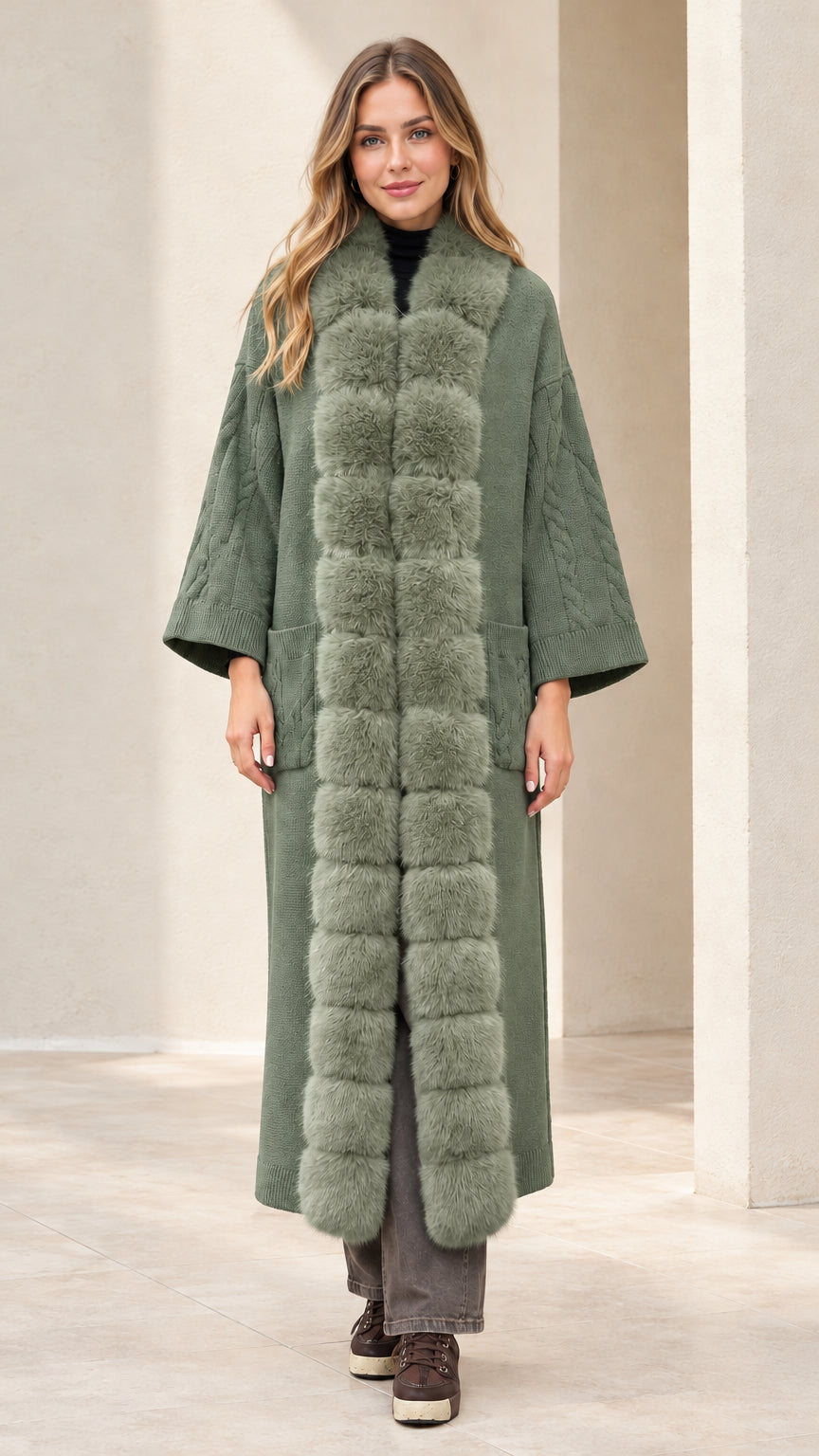 Model wearing sage green maxi knit coat with faux fur collar detail