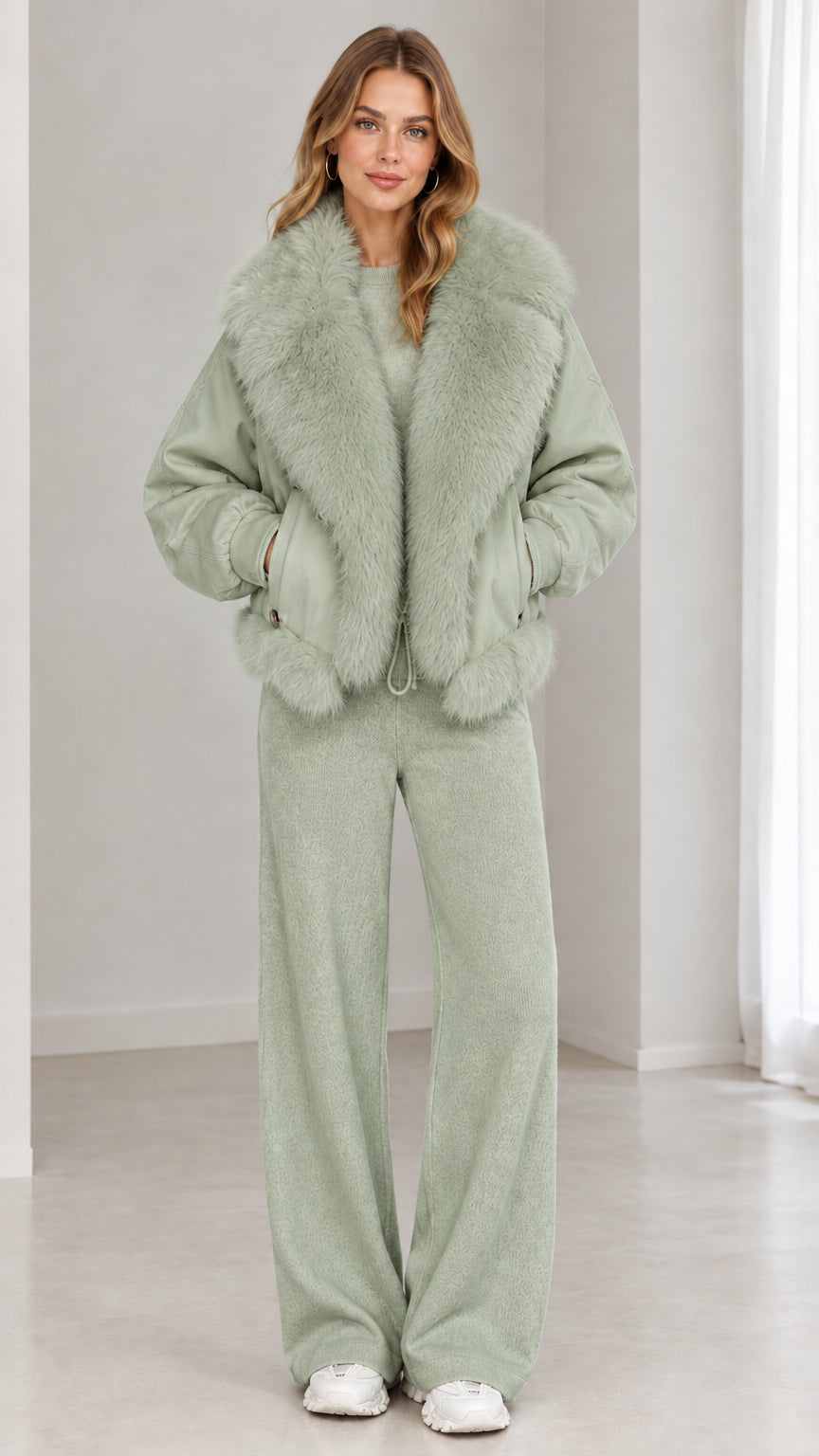 Full front view of model wearing sage green faux-fur collar zip-up jacket and matching sage pants