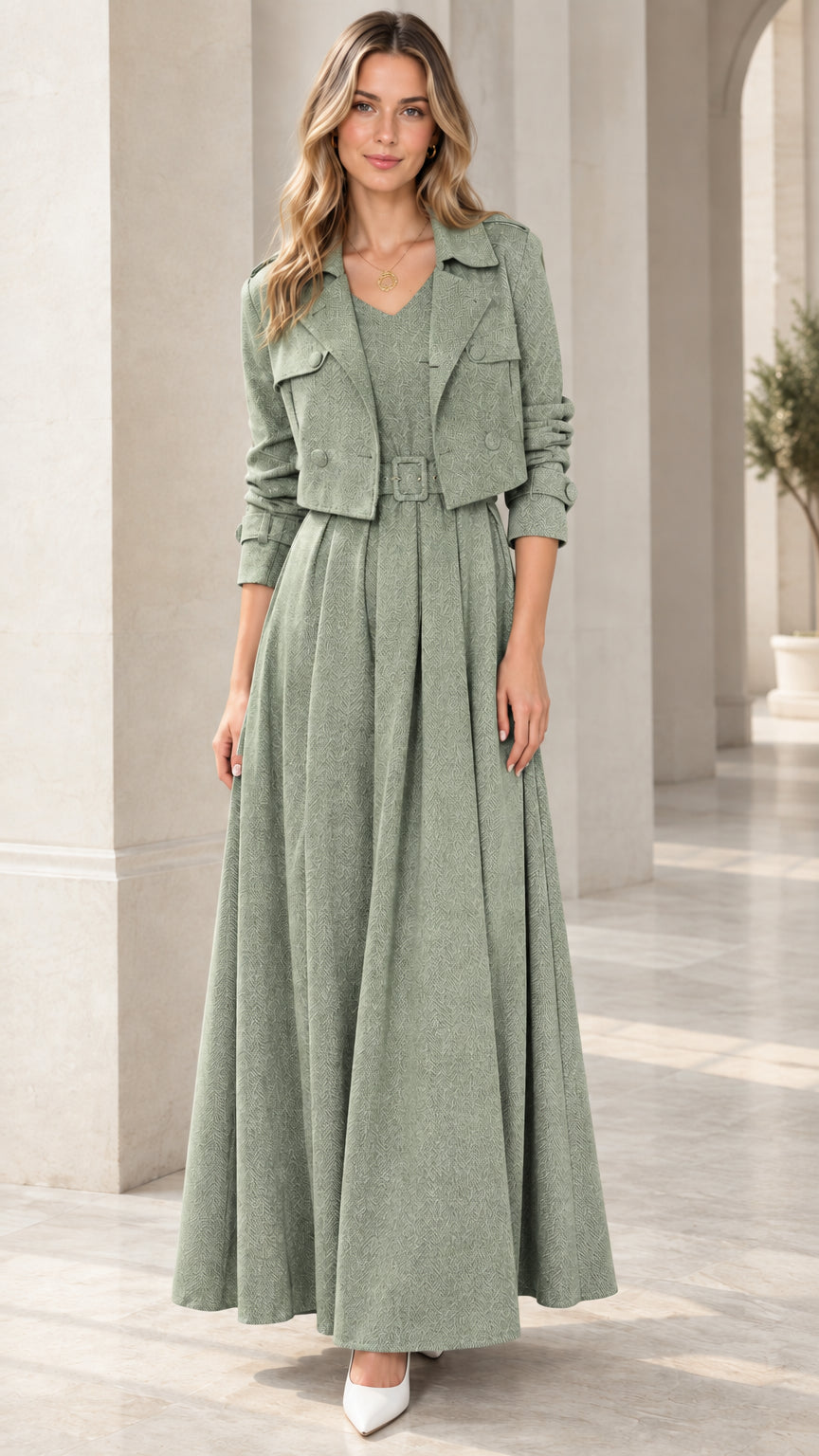 Full front view of model wearing Sage Green cropped jacket and pleated maxi dress set