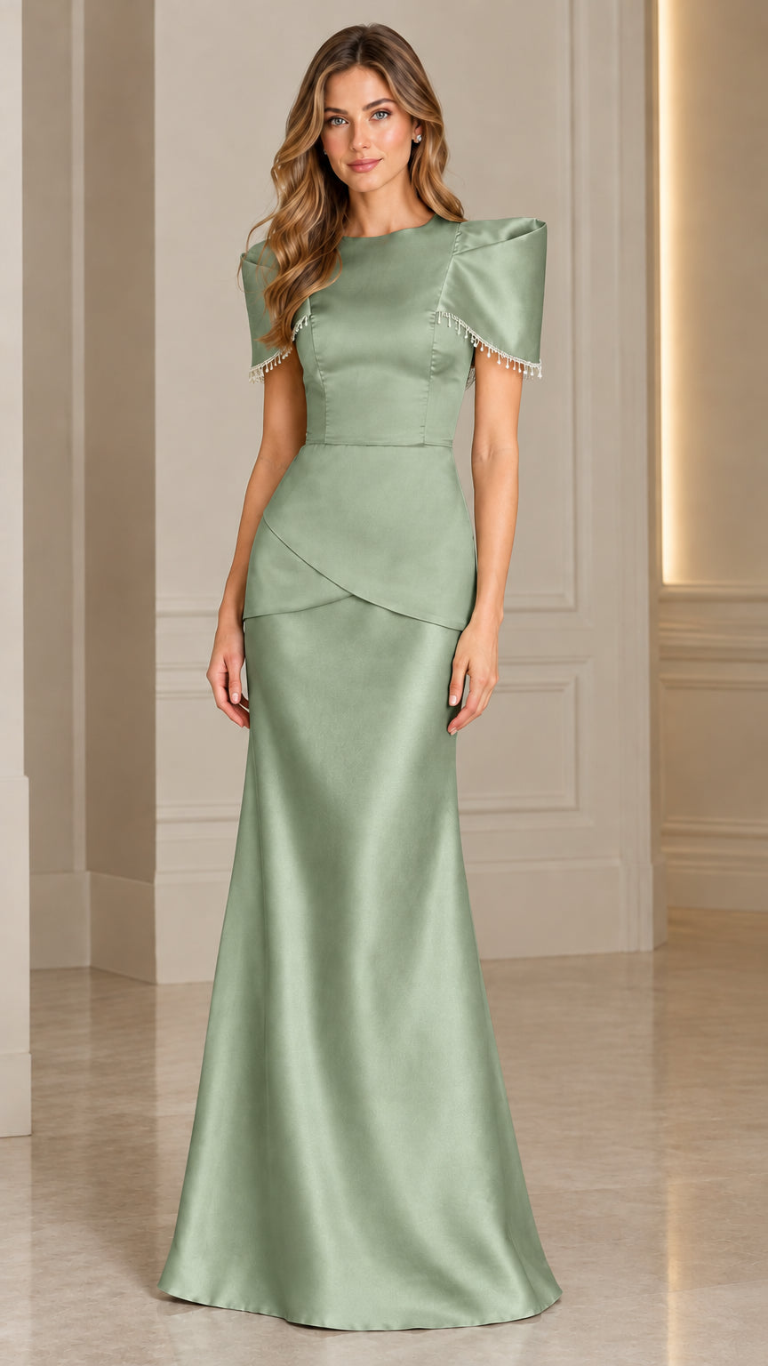 Sage green satin maxi evening dress with crossover waist and beaded sleeves