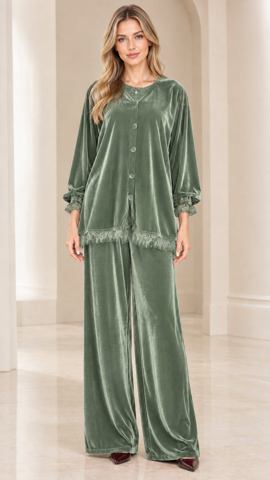 Full-length front view of women's sage green velvet lace trim two-piece pajama set
