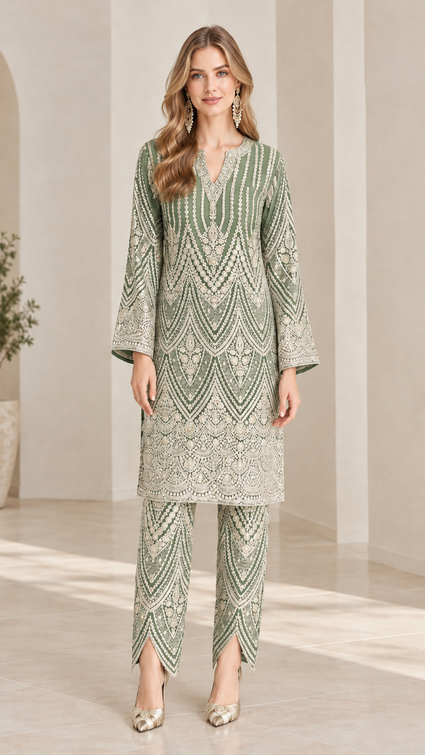 Full front view of model wearing sage green embroidered tunic top and matching pants set