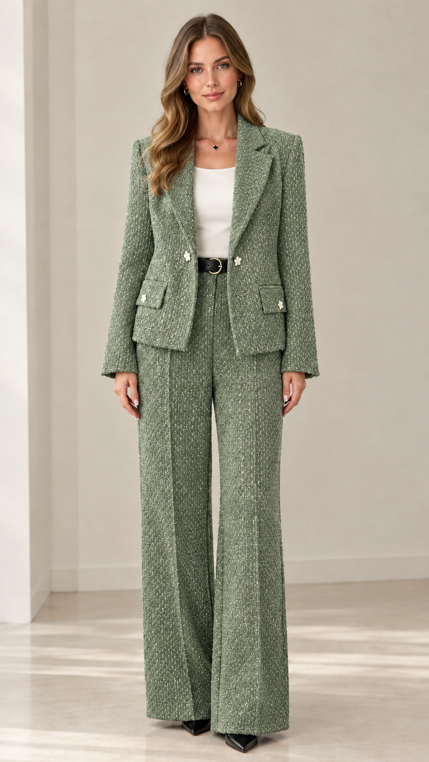 Front view of woman wearing sage green textured tweed two-piece pant suit