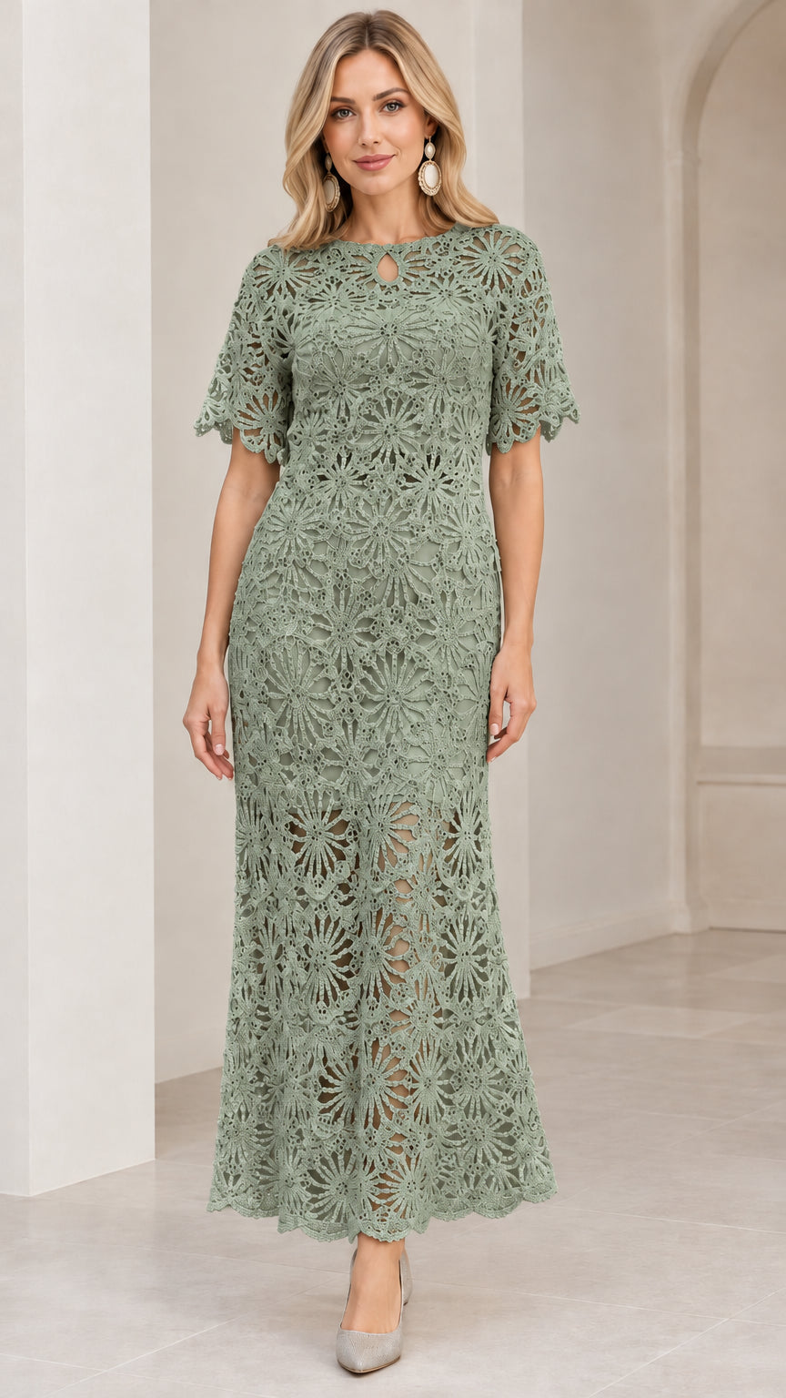 Full front view of Sage Green floral crochet lace maxi dress