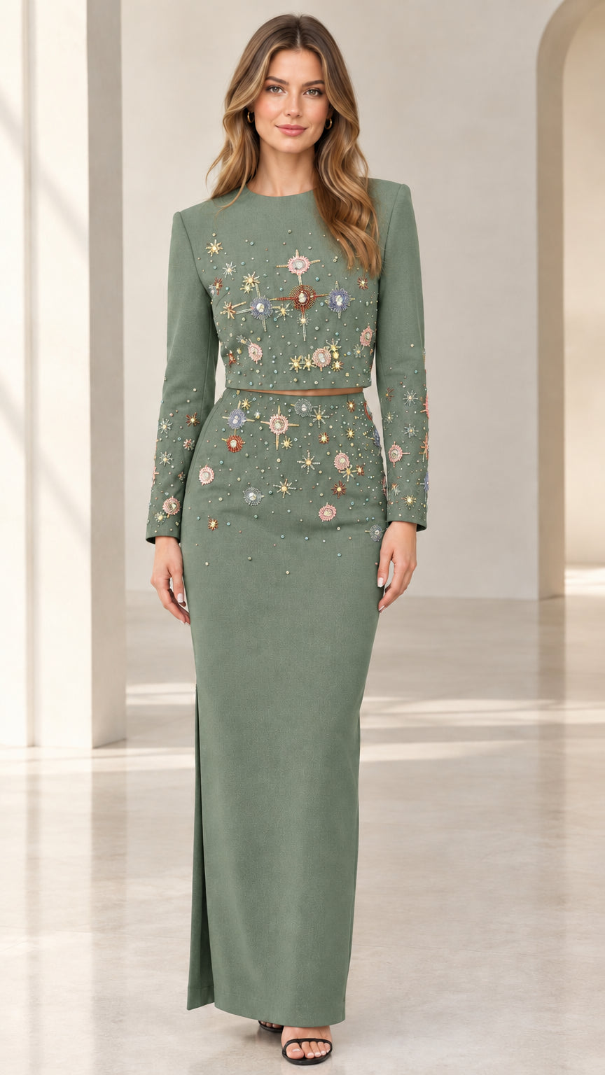 Front view of sage green beaded two-piece long sleeve evening gown