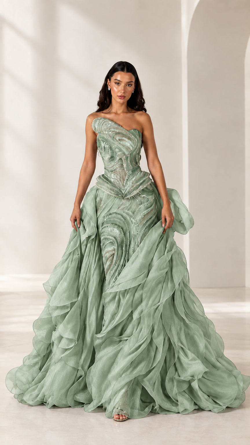 Front full-length view of model wearing sage green one-shoulder ruffle formal gown