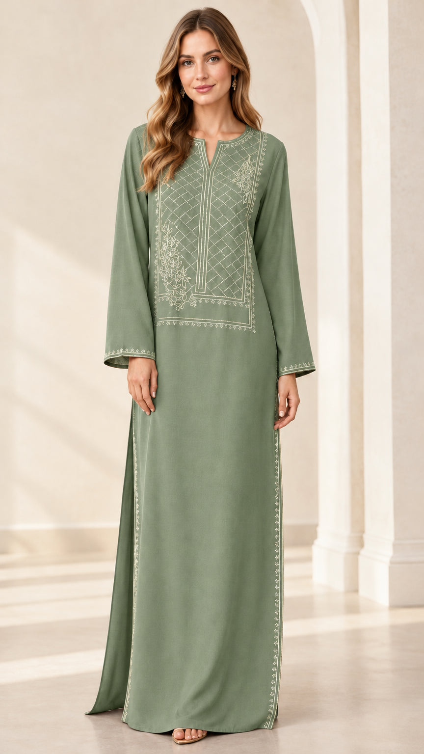 Front full view of woman wearing sage green embroidered kaftan maxi dress