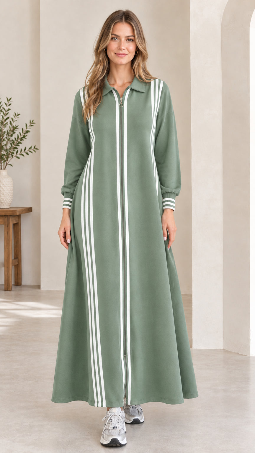 Front view of sage green striped zip-front long sleeve maxi track dress