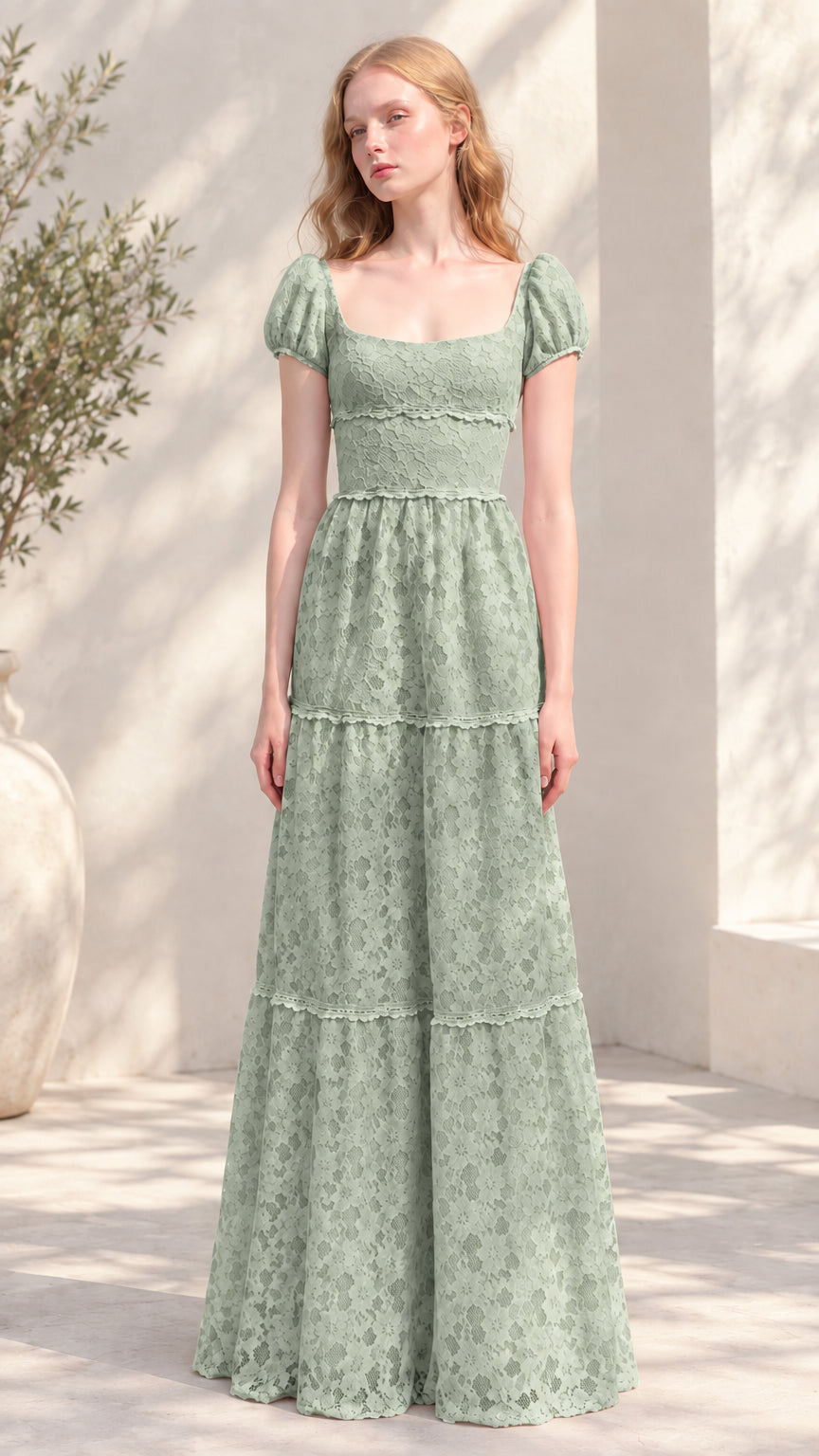 Front view of sage green floral lace tiered puff sleeve maxi dress
