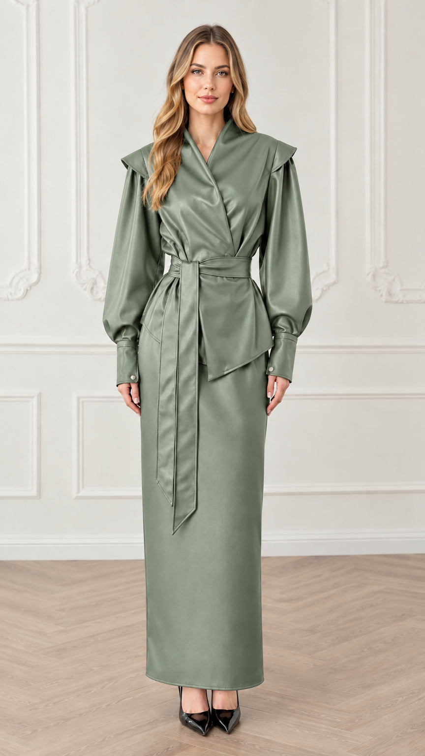 Model wearing sage green faux leather wrap top and maxi skirt set
