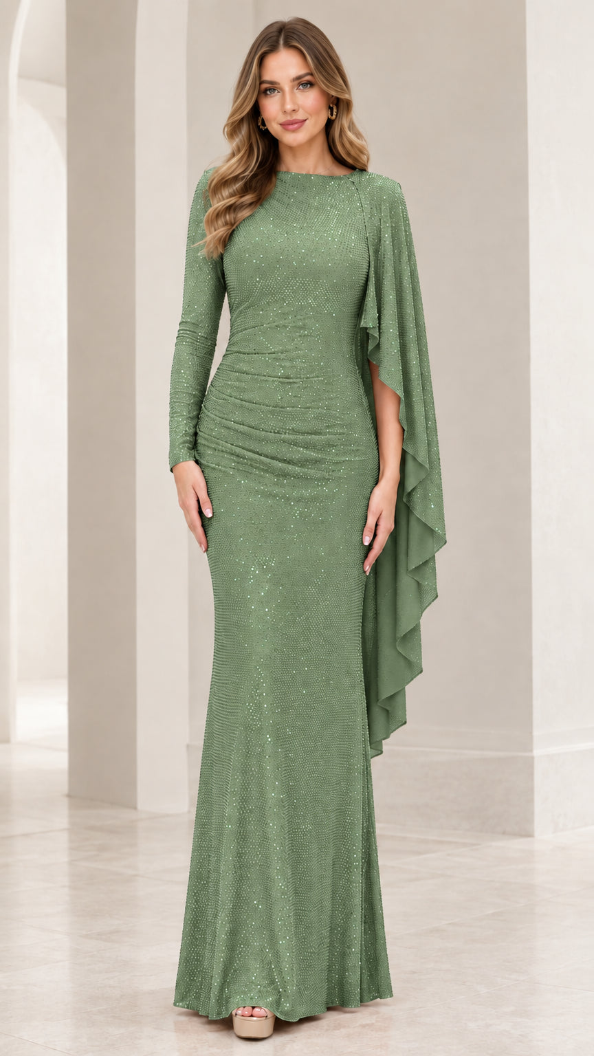 Sage Green sequined formal gown with elegant one-shoulder cape drape
