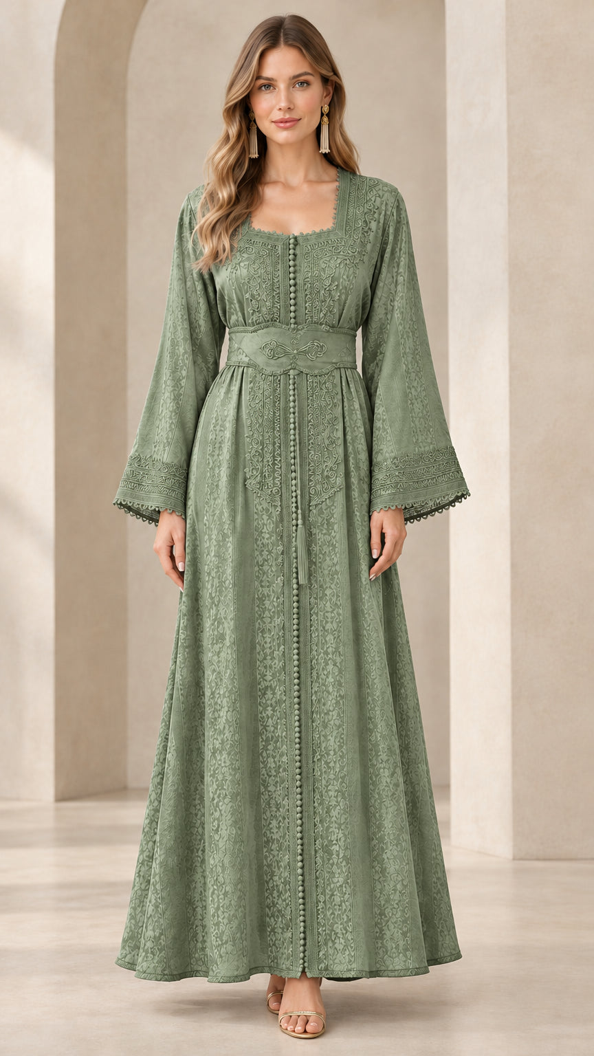 Sage Green square neck embroidered maxi dress with tassel belt