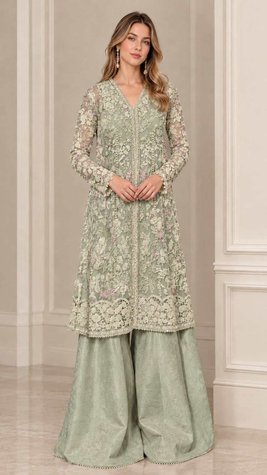 Sage green embroidered long tunic suit with coordinating flared pants