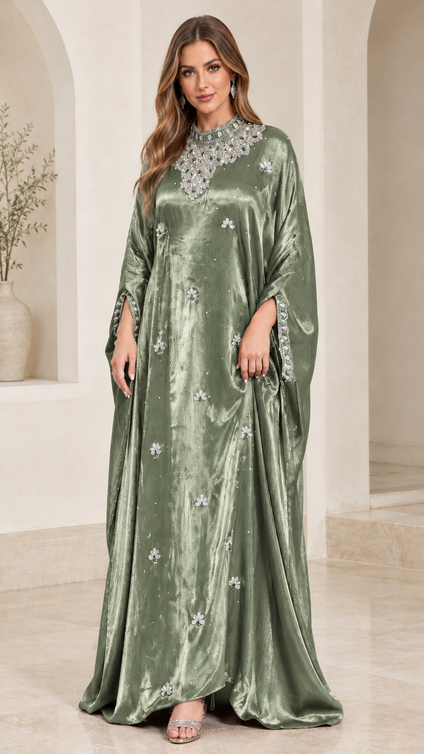 Sage green crystal embellished flowing kaftan maxi dress front view