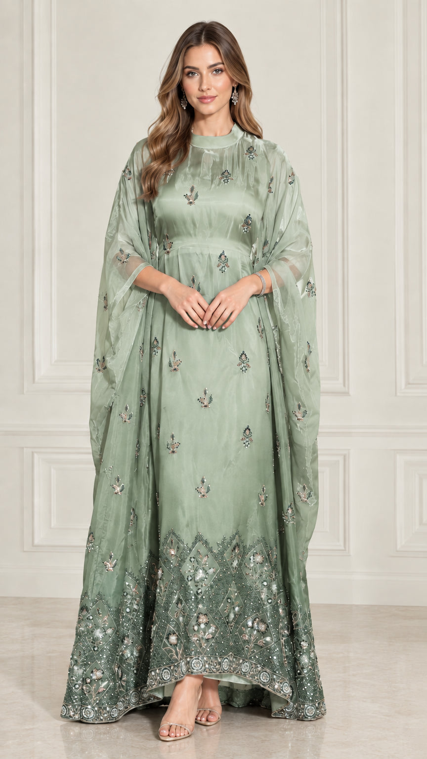 Sage Green embroidered cape overlay maxi kaftan gown