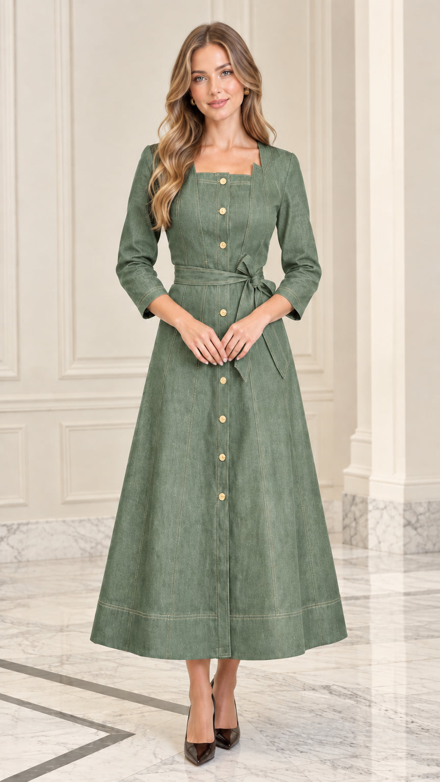 Model wearing Sage Green square neck button-down midi dress with tie belt