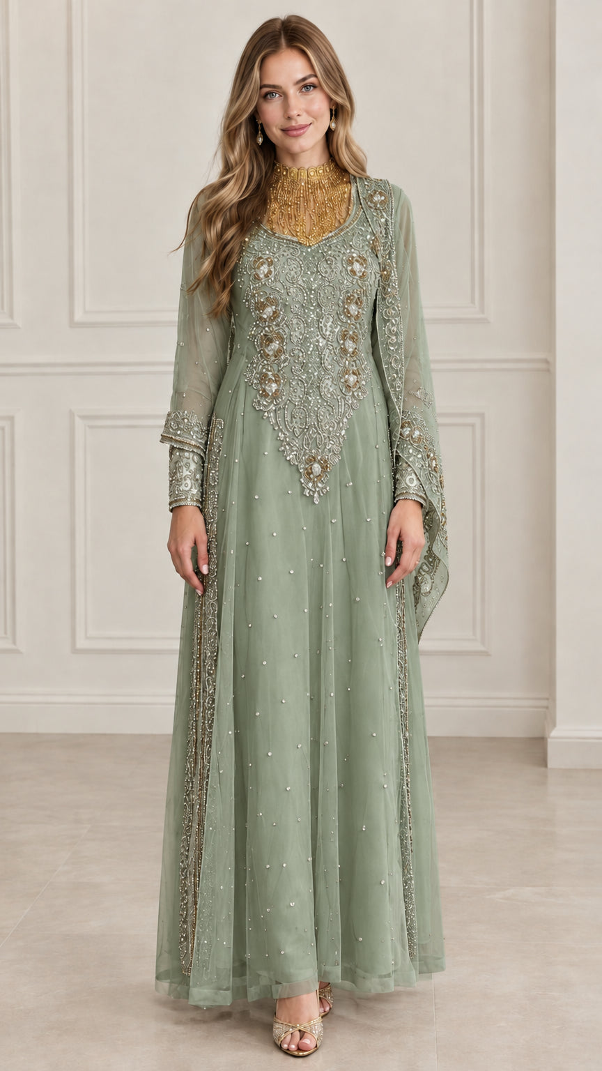 Front view of sage green embroidered kaftan evening maxi dress