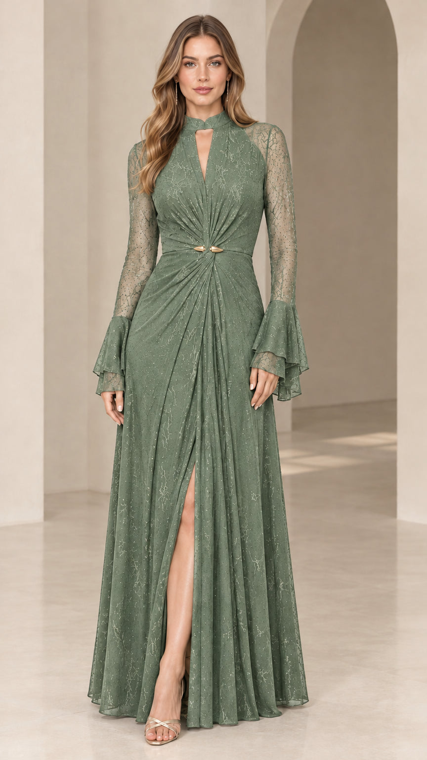 Sage Green floor-length lace gown with keyhole mock neck and tiered sleeves