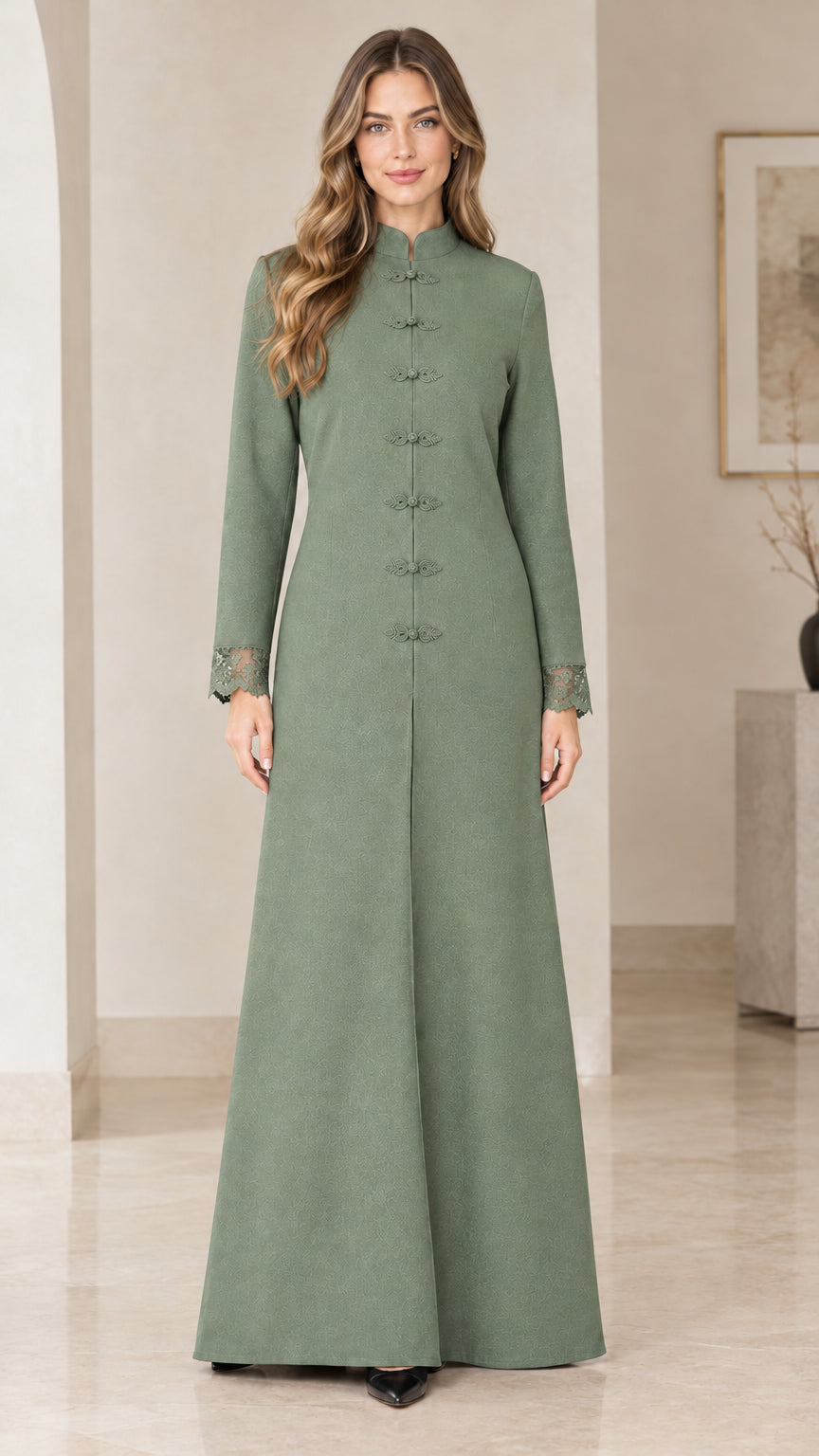 Sage green floor-length evening maxi dress with lace cuffs
