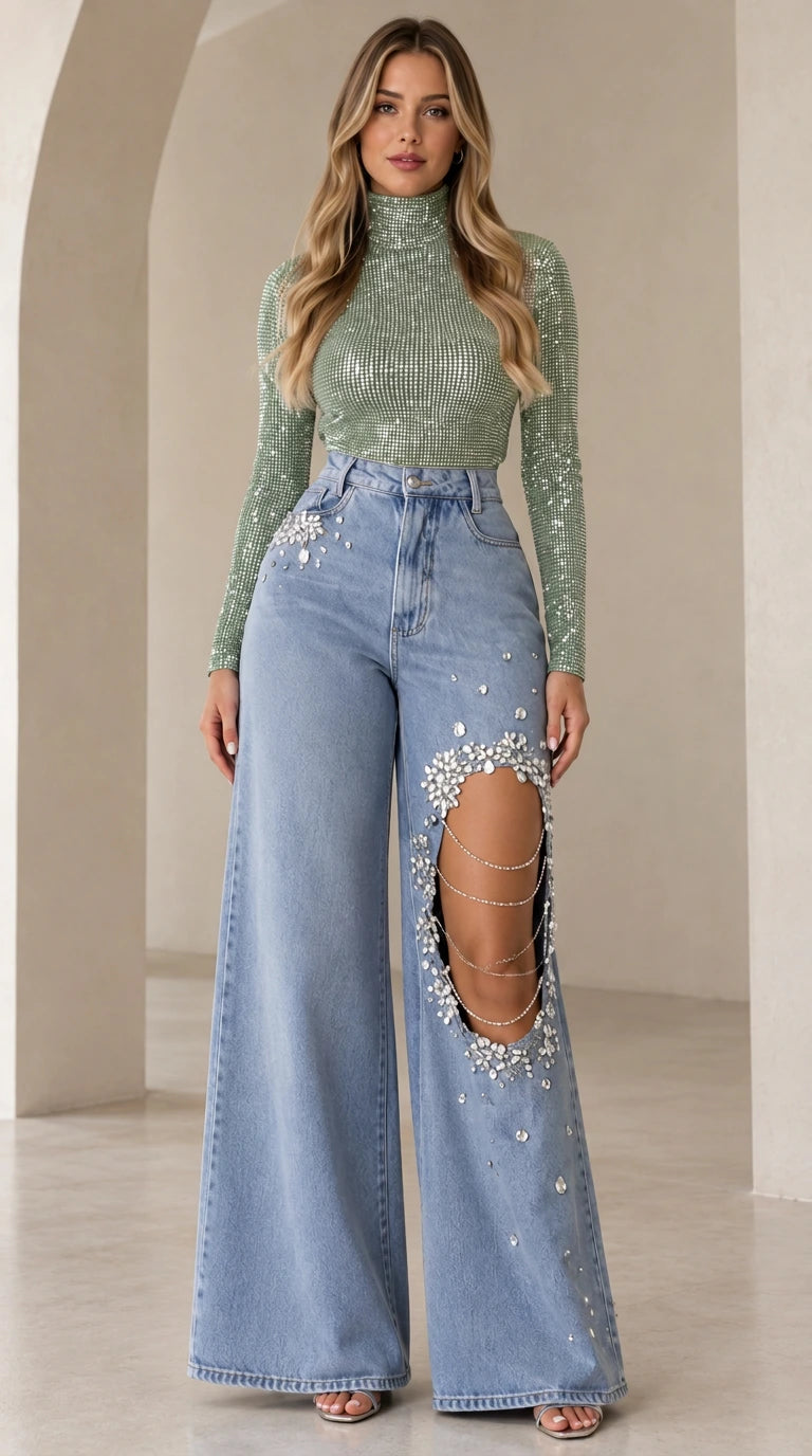 Light Blue Rhinestone Cutout Wide Leg Jeans paired with Sage Green Shimmer Top