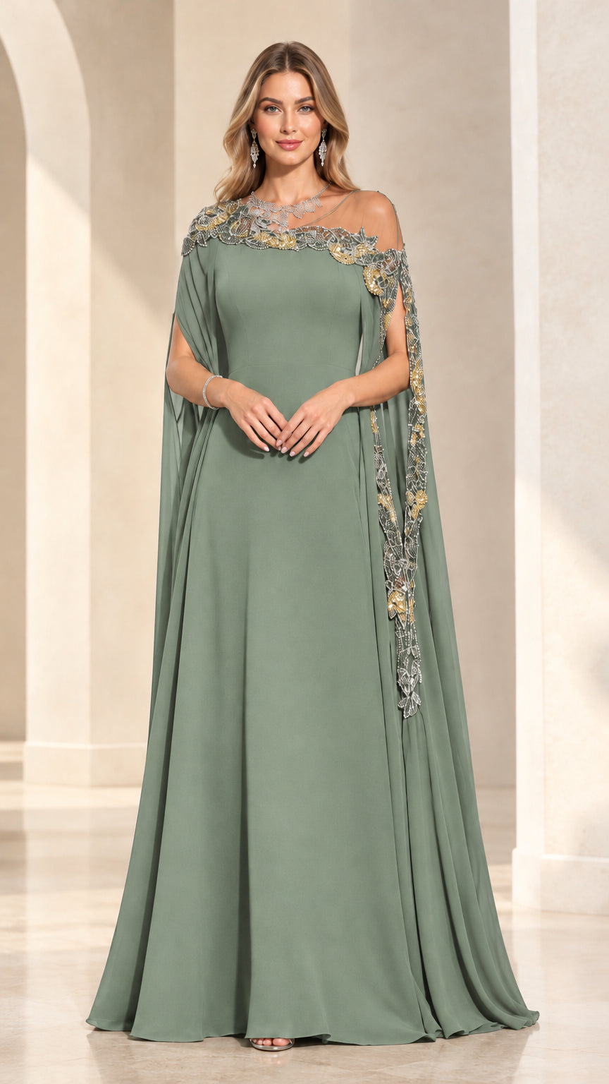 Front view of model wearing Sage Green Embroidered Cape Evening Gown
